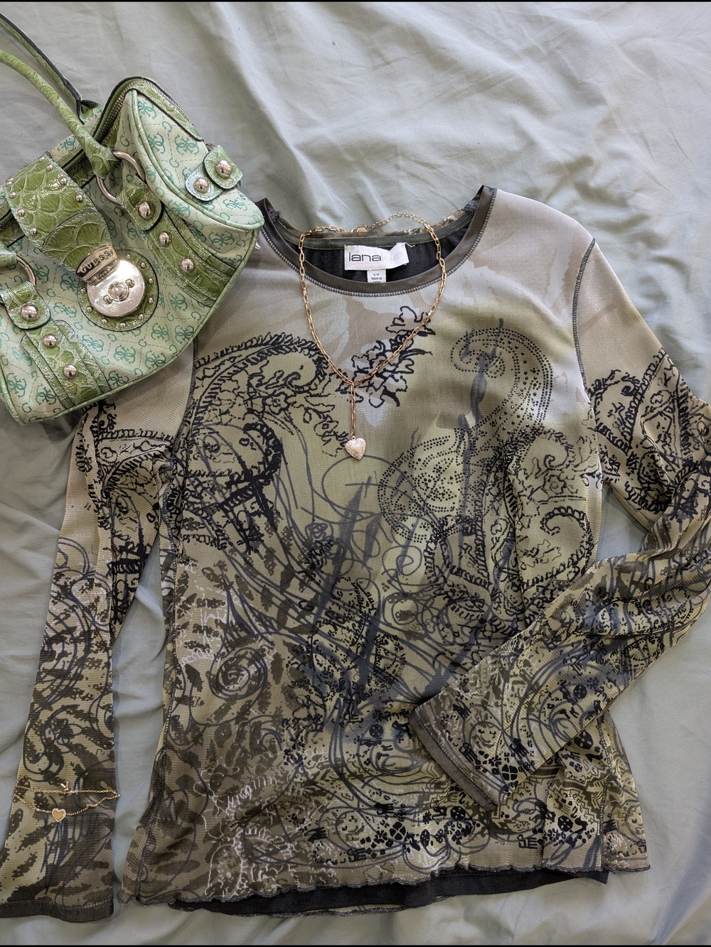 Vintage Y2K Olive Green Printed Long Sleeve Top